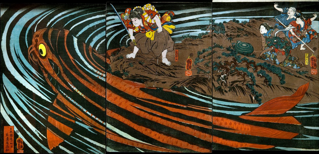 Oniwaka-maru على وشك مهاجمة الكارب الوحشي بواسطة Utagawa Kuniyoshi