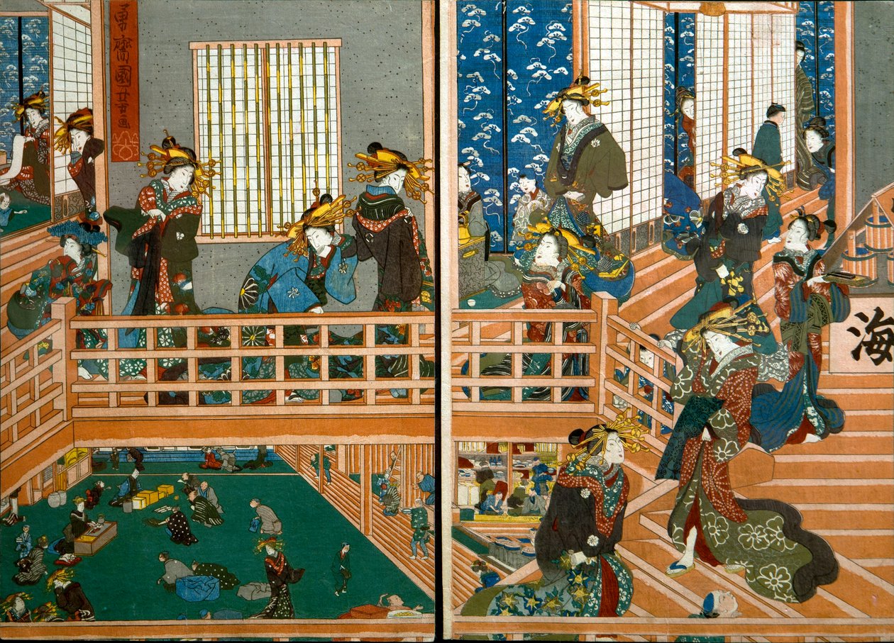 منظر علوي للطابق العلوي من Kado-Ebiya بواسطة Utagawa Kuniyoshi
