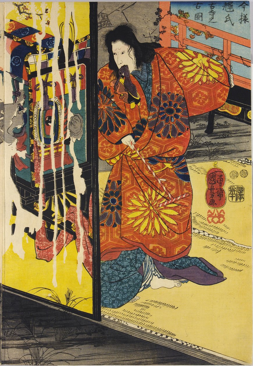 جزء من طباعة ثلاثية الألوان على شكل كتل خشبية بعنوان Imayo Teruuji furudera no kozu بواسطة Utagawa Kuniyoshi