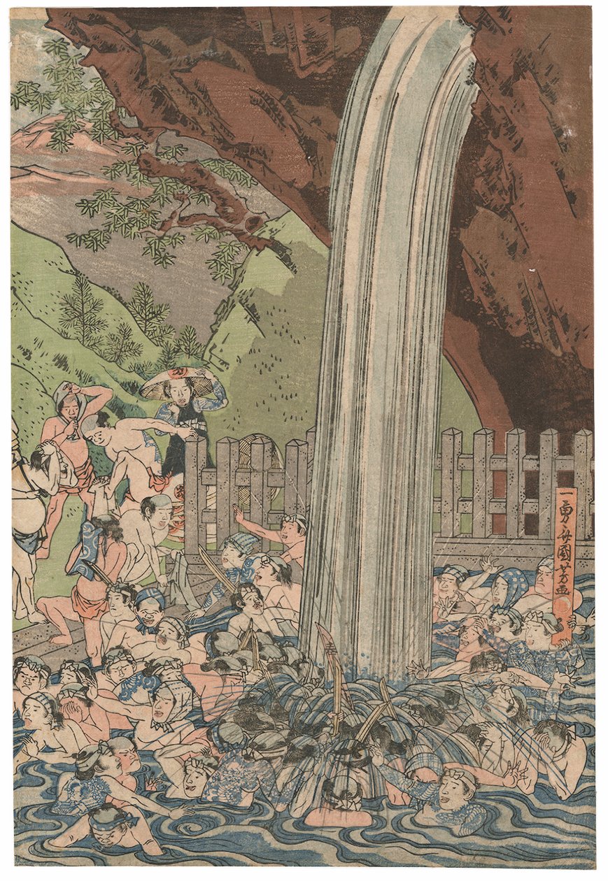 الحجاج في شلال روبن في أوياما ، وقعوا على Ichiyusai Kuniyoshi ، نشرته Azumaya Daisuke ، ختم kiwame ، Oban tate-e بالثلاثي (طباعة خشبية ملونة) بواسطة Utagawa Kuniyoshi