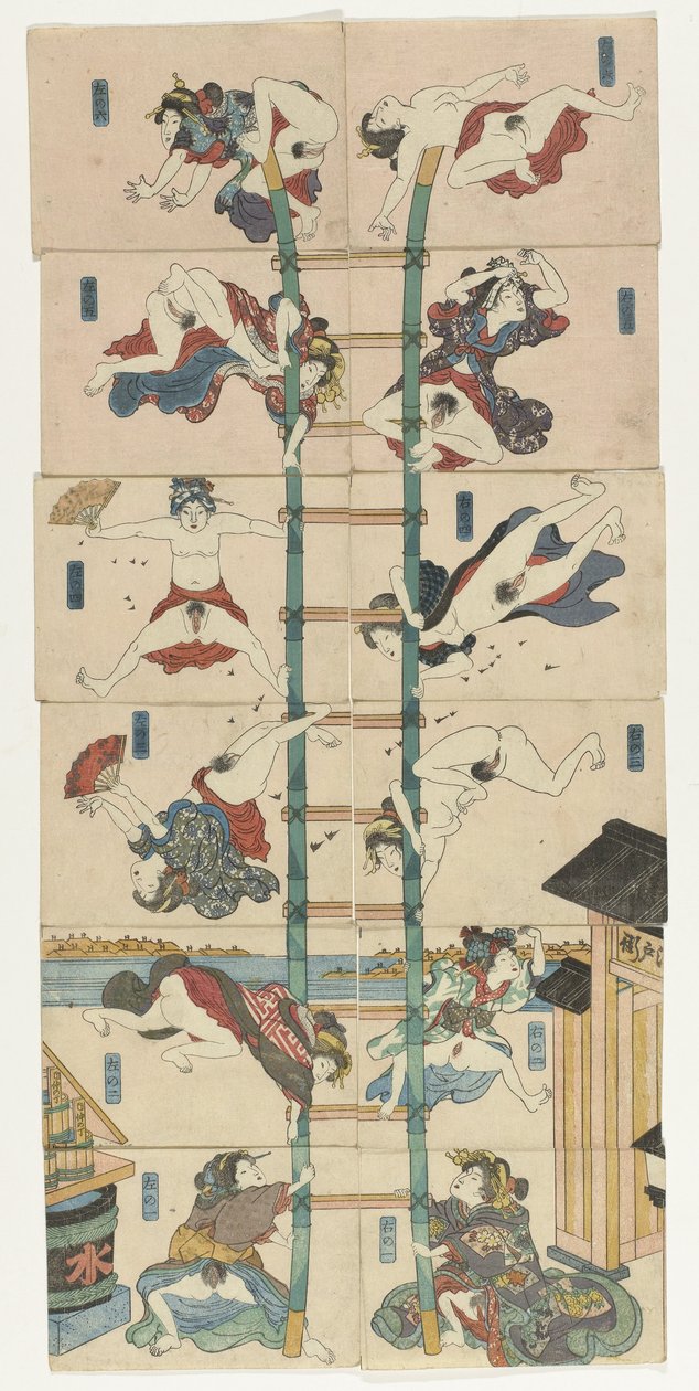 سلسلة من اثني عشر كوبان شونجا مع عاهرات في دور رجال الإطفاء البهلوانيين بواسطة Utagawa Kuniyoshi
