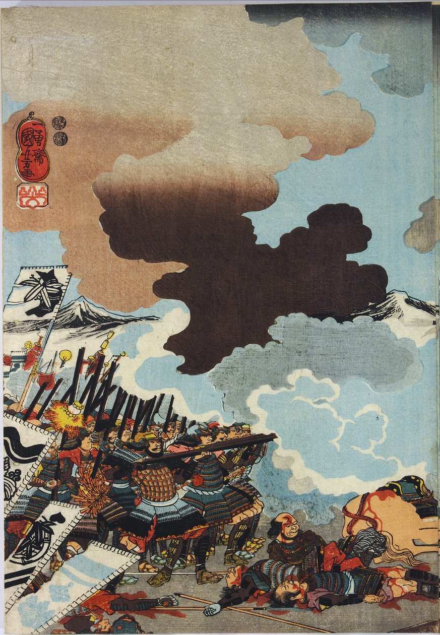 ورقة من لوحة ثلاثية الألوان مطبوعة بقوالب خشبية ، بعنوان Eiroku yonnen kugatsu yokka Kawanakajima kassen ni Yamamoto Kansuke ny؟ D؟ No uchijini no zu بواسطة Utagawa Kuniyoshi