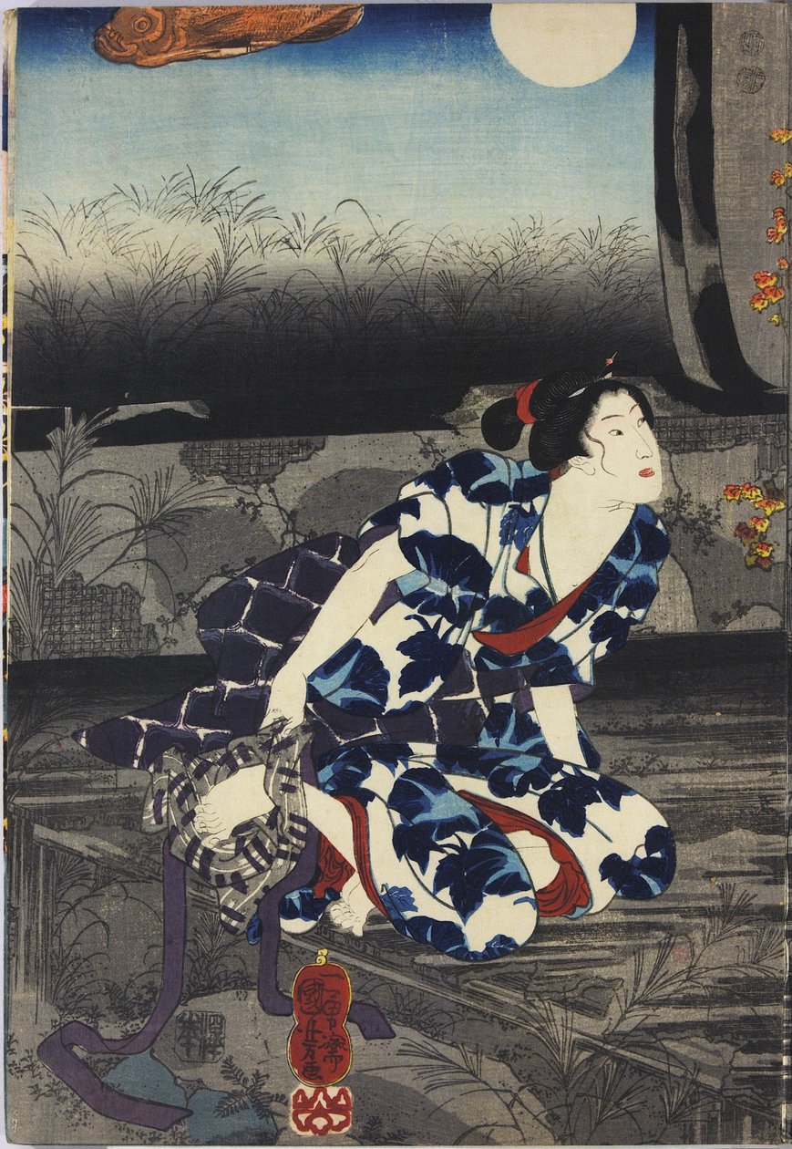 ورقة من طباعة ثلاثية الألوان على شكل كتل خشبية ملونة بعنوان Imayo Teru-uji furudera no kozu (Teruuji حديثة في صورة قديمة في معبد قديم) ، تصور مشهدًا في معبد مدمر بضوء القمر مع فوسوما ممزق ومقشر ، مع Teru- يوجي عرض منشفة ل بواسطة Utagawa Kuniyoshi