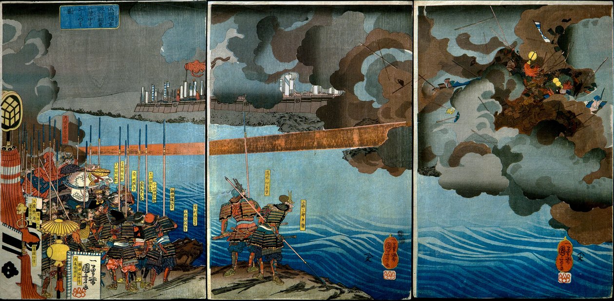 Takeda Shingen Chrushes the Forces of Suwa Yorishige (Takeda Shingen Suwa Yorishige no jinchū o uchi-kuzusu zu) ، حوالي 1850-1851 بواسطة Utagawa Kuniyoshi