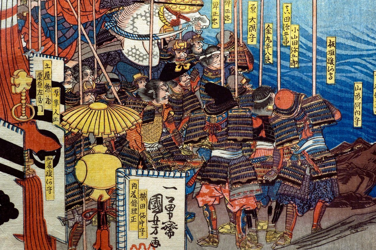 Takeda Shingen Chrushes the Forces of Suwa Yorishige (Takeda Shingen Suwa Yorishige no jinchū o uchi-kuzusu zu) ، حوالي 1850-1851 بواسطة Utagawa Kuniyoshi