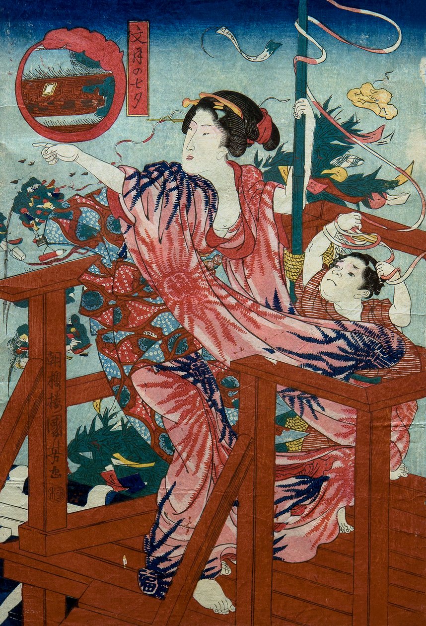 مهرجان النجوم للشهر السابع (Fumizuki no tanabata) سلسلة بدون عنوان من النساء مع الأطفال في الاثني عشر شهرًا ، حوالي 1836 بواسطة Utagawa Kuniyoshi