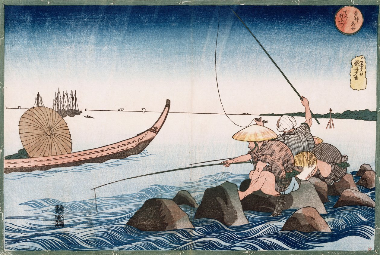 ثلاثة صيادون يصطادون في تيبوزو ، من سلسلة "الأماكن الشهيرة بالعاصمة الشرقية" بواسطة Utagawa Kuniyoshi