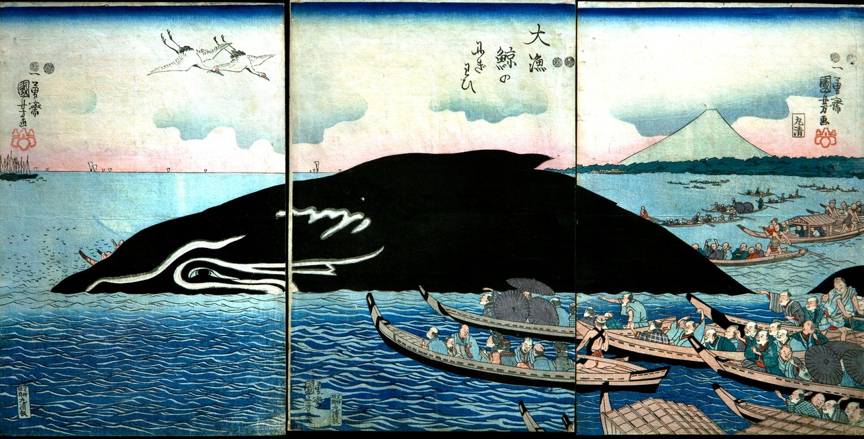 حشد من الناس حول حوت تم أسره بواسطة Utagawa Kuniyoshi