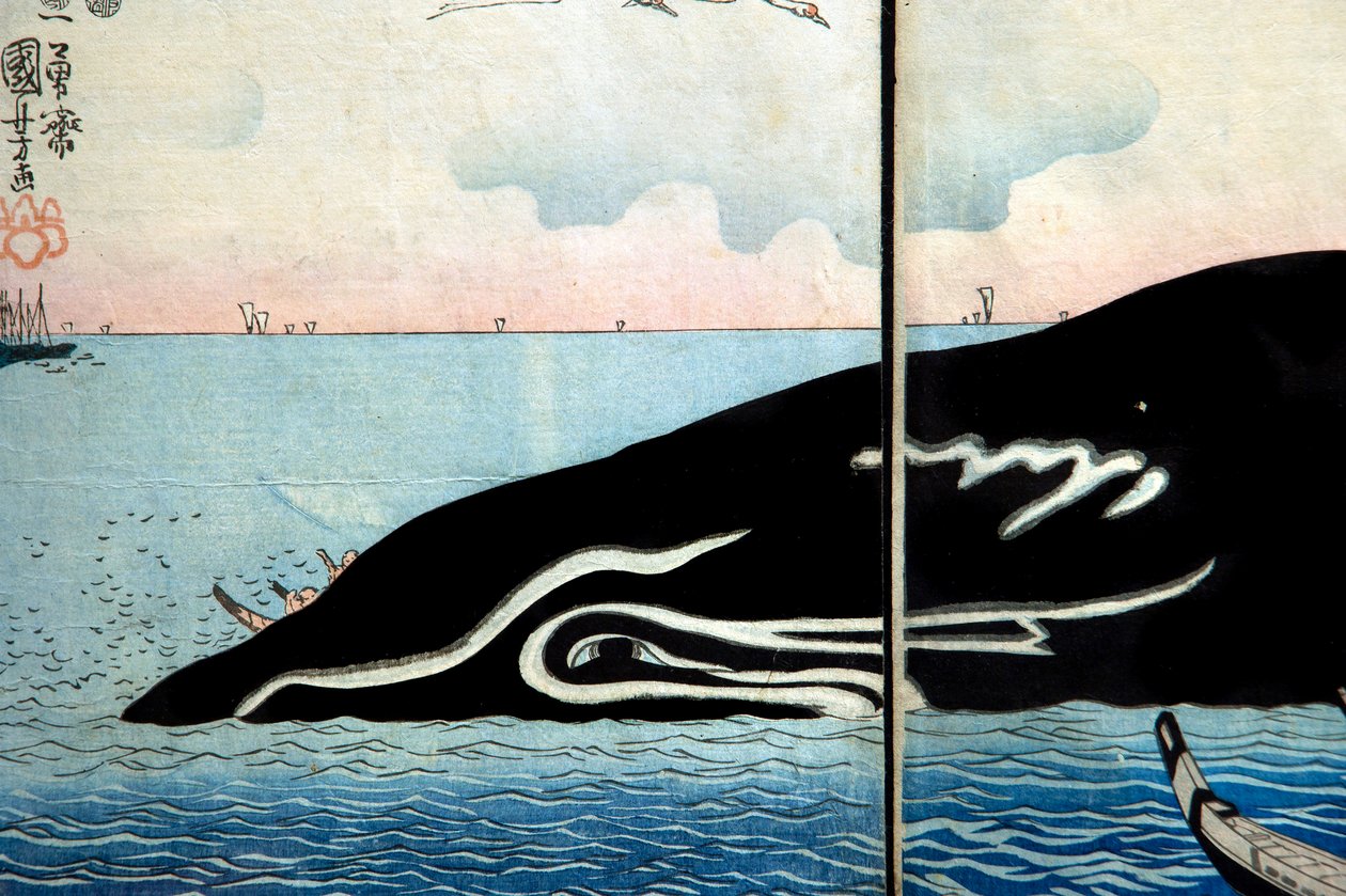 حشد من الناس حول حوت تم أسره بواسطة Utagawa Kuniyoshi