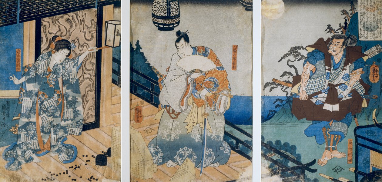 لوحة ثلاثية مع مغامرات Coxinga / Watonai بواسطة Hachiman Taro Yoshiie ، بواسطة Utagawa Kuniyoshi بواسطة Utagawa Kuniyoshi