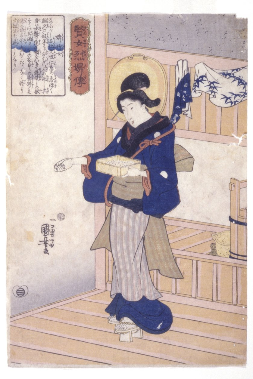 امرأة مع صندوق بذور (طباعة خشبية ملونة) بواسطة Utagawa Kuniyoshi
