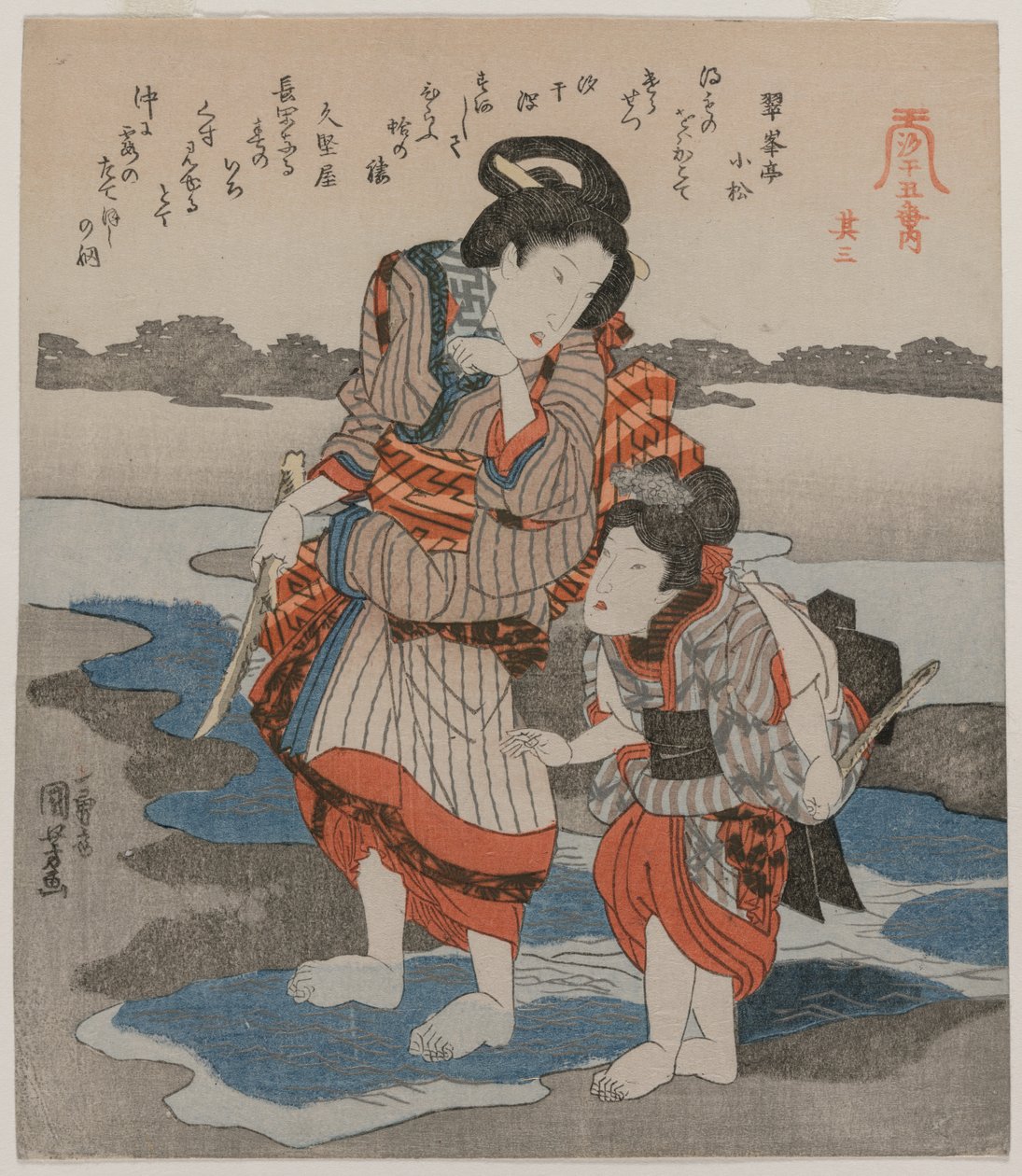 امرأة وطفل ، من سلسلة Five Pictures of Low Tide ، أواخر عام 1820. بواسطة Utagawa Kuniyoshi