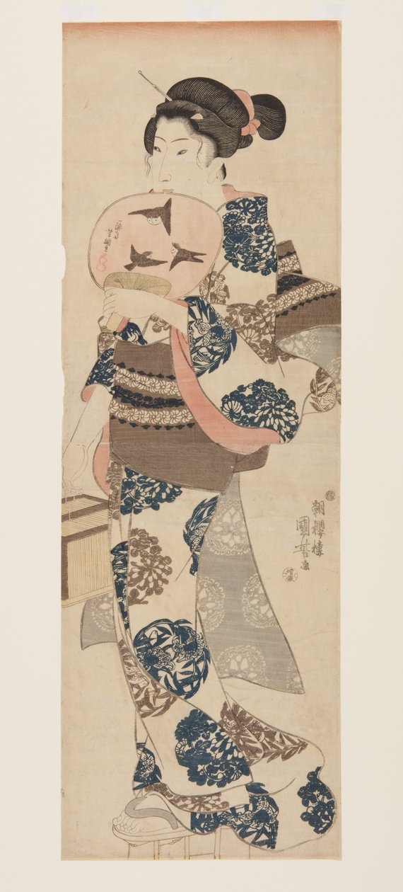 امرأة مع مروحة وقفص حشرات (طباعة خشبية ملونة) بواسطة Utagawa Kuniyoshi