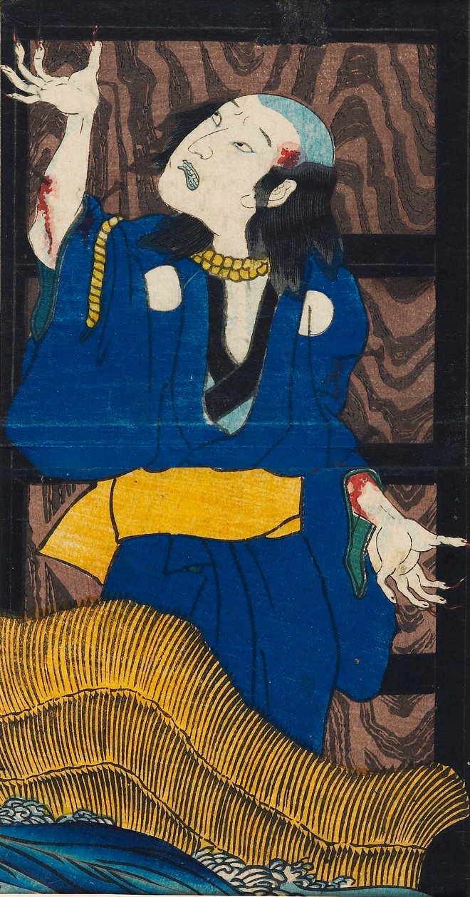 طباعة خشبية - مشهد من مسرحية Yotsu-Ya Kaidan قصة Oiwa و Tamiya Iemon بواسطة Utagawa Kuniyoshi