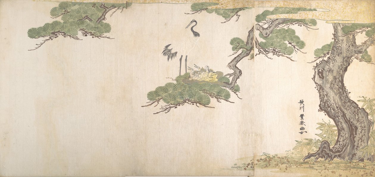 كرين وصغارهم في عشهم في فروع شجرة صنوبر ، كاليفورنيا. 1790. بواسطة أوتاغاوا تويوهارو