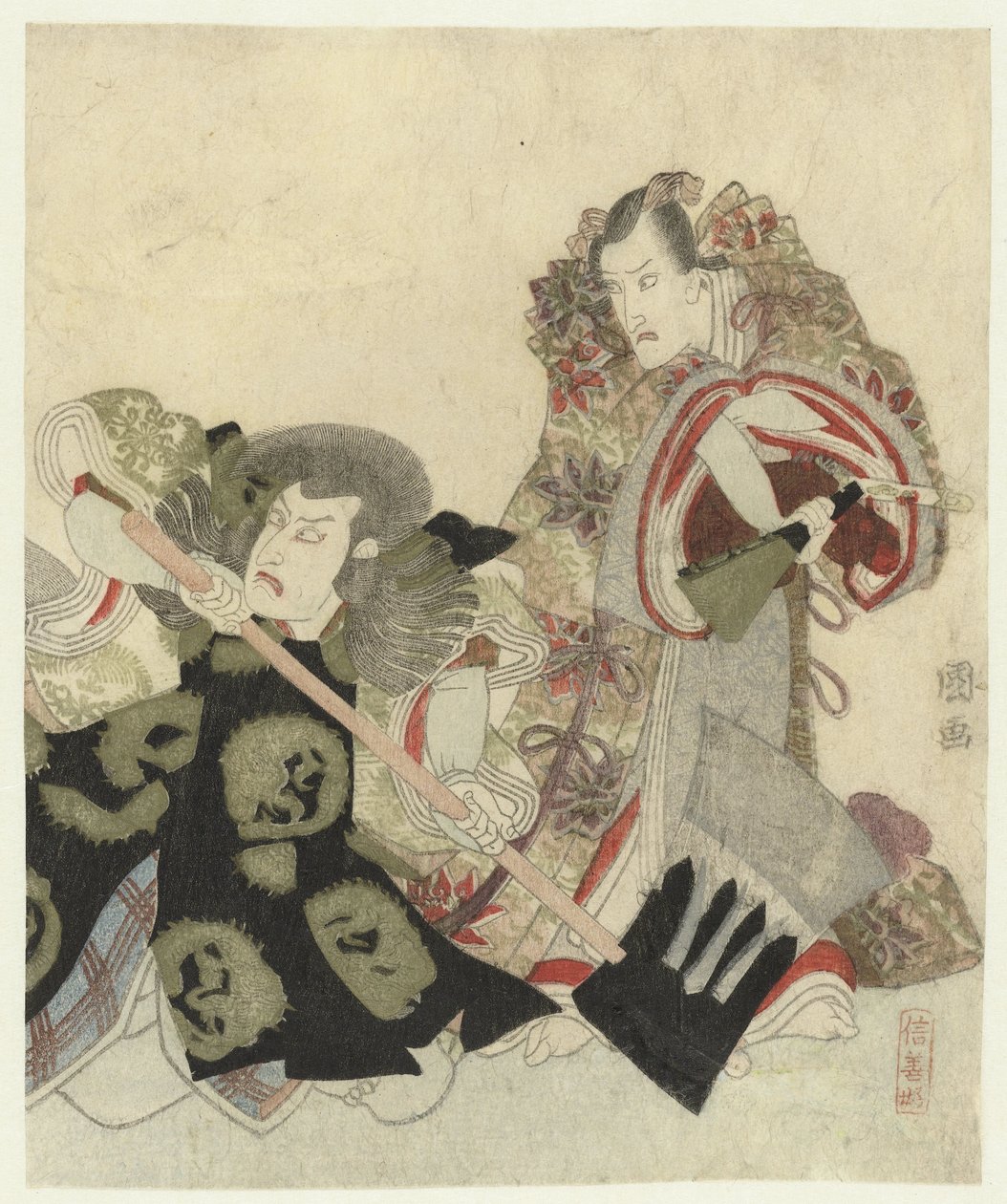 Ichikawa Danjûrô VII بدور Yoshimune no Munesada مع المعجبين و Ichikawa Omezô بدور Sekibei بالفأس بواسطة أوتاغاوا تويوكوني (أنا)