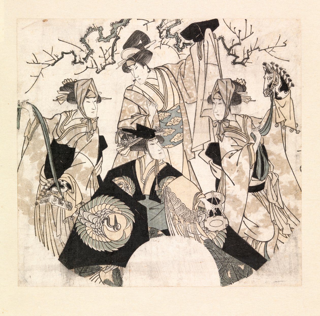 ممثلون يؤدون رقصة مسرحية للأوناغاتا الأربعة، حوالي 1800-05 (نقش خشبي ملون) بواسطة أوتاغاوا تويوكوني