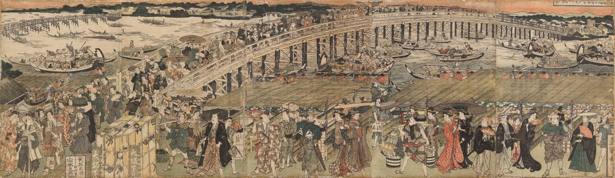 التبريد عند جسر Ryōgoku في Edo ، نمط Pentaptych بواسطة أوتاغاوا تويوكوني