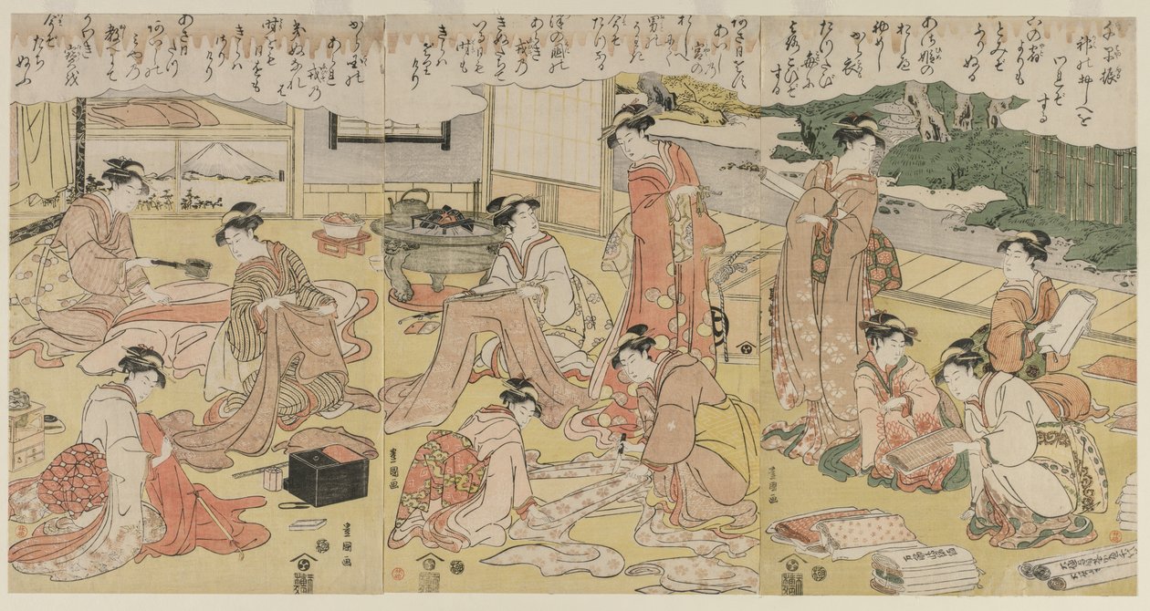نساء يصنعن الملابس ، في أوائل 1790. بواسطة أوتاغاوا تويوكوني