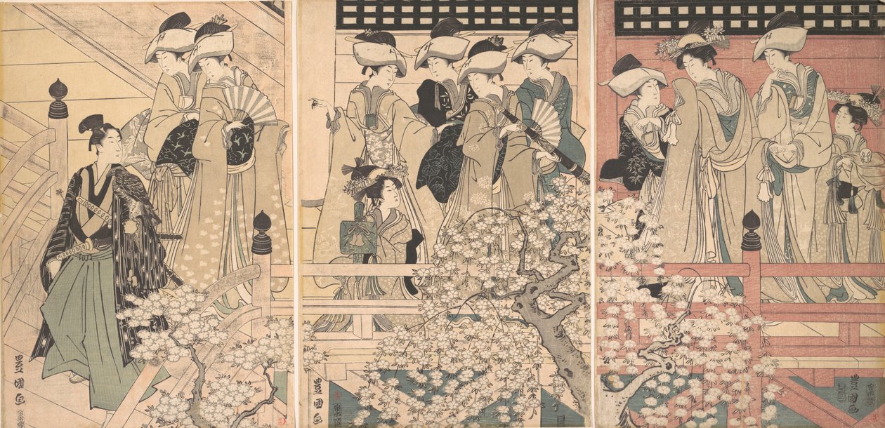 الجمال على الشرفة بين أزهار الكرز التي يغادر منها الساموراي ، كاليفورنيا. 1800. بواسطة أوتاغاوا تويوكوني الأول