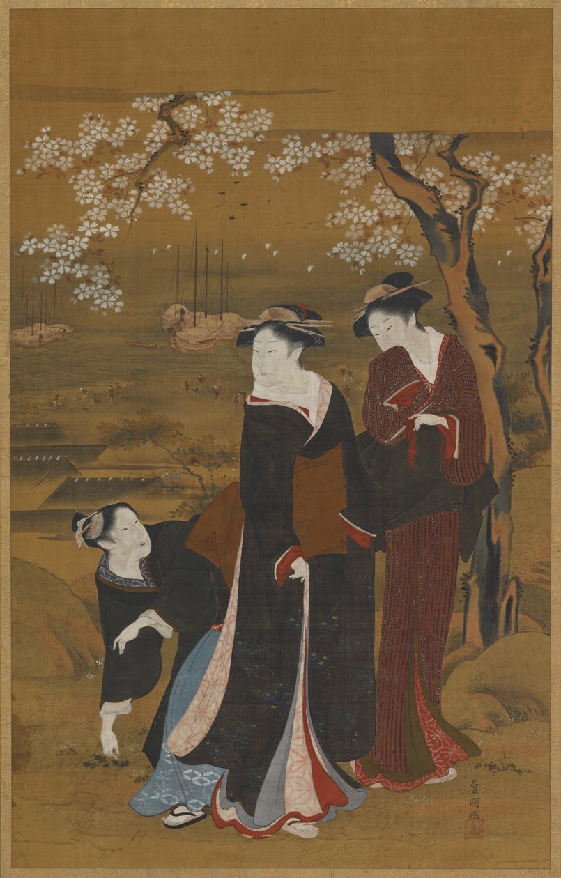 ثلاث نساء تحت شجرة كرز مزهرة على شاطئ البحر ، 1769-1825. بواسطة أوتاغاوا تويوكوني الأول