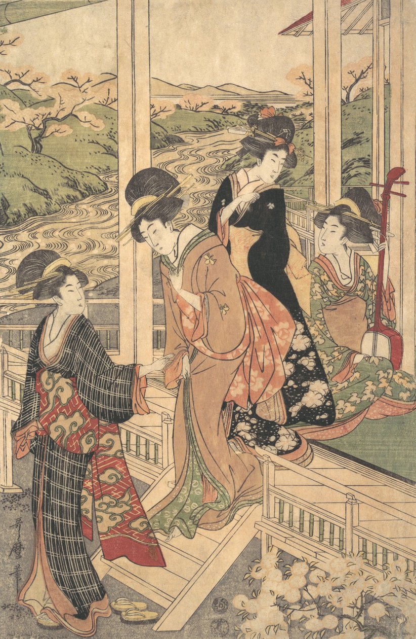 مجموعة من النساء في إنغاوا في منزل ريفي ، في زمن ازدهار الكرز ، ... ، كاليفورنيا. 1806. بواسطة أوتامارو الثاني