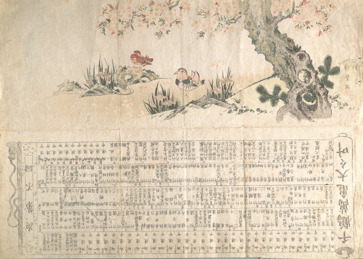 بط الماندرين في مشهد ربيعي: برنامج لأداء Jururui ، كاليفورنيا. 1807 .. بواسطة أوتامارو الثاني