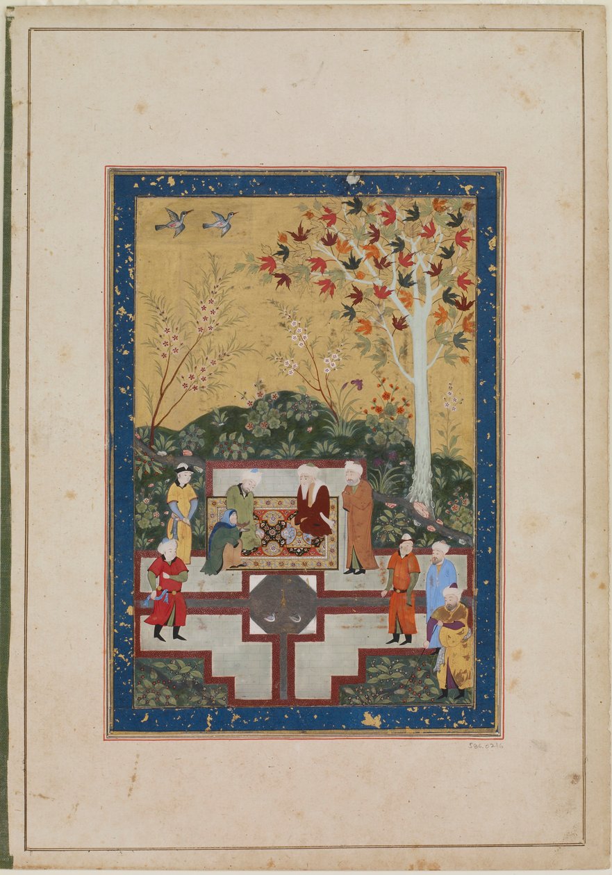 امرأة عجوز ورجلان ، حوالي 1520-30 (حبر ، ألوان مائية غير شفافة وذهبي على ورق) بواسطة المدرسة الأوزبكية