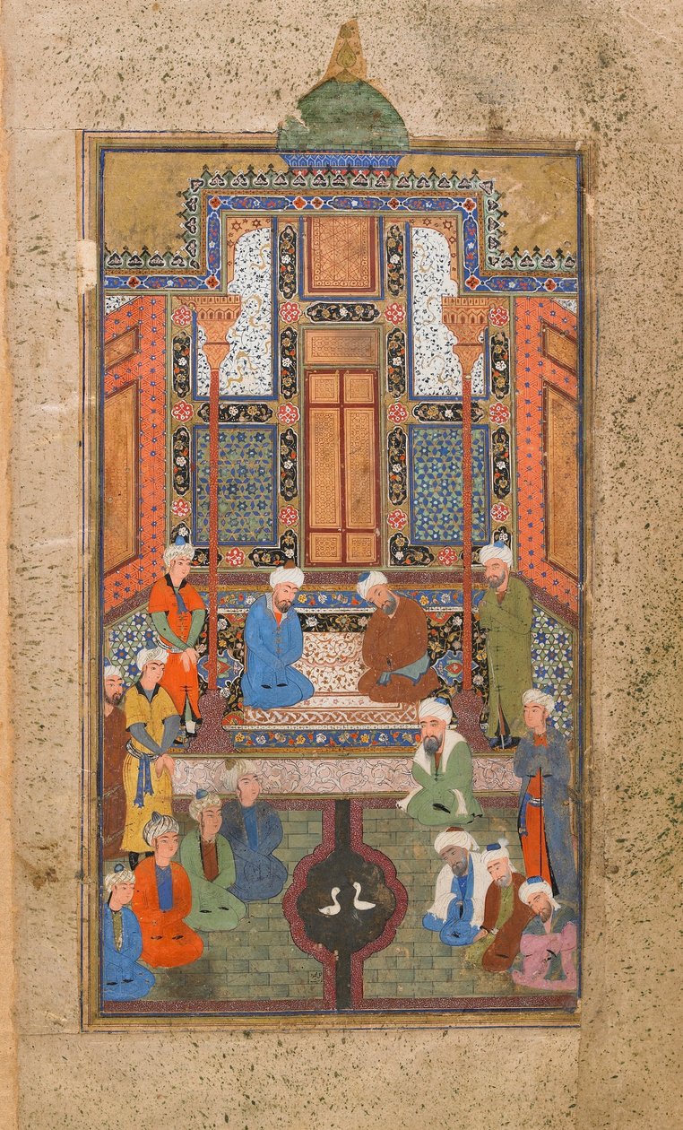مشهد القصر في تحفة الأحرار بخارى ، أوزبكستان ، الفترة الأوزبكية ، c.1540 (ألوان مائية مبهمة ، حبر وذهب على ورق) بواسطة المدرسة الأوزبكية
