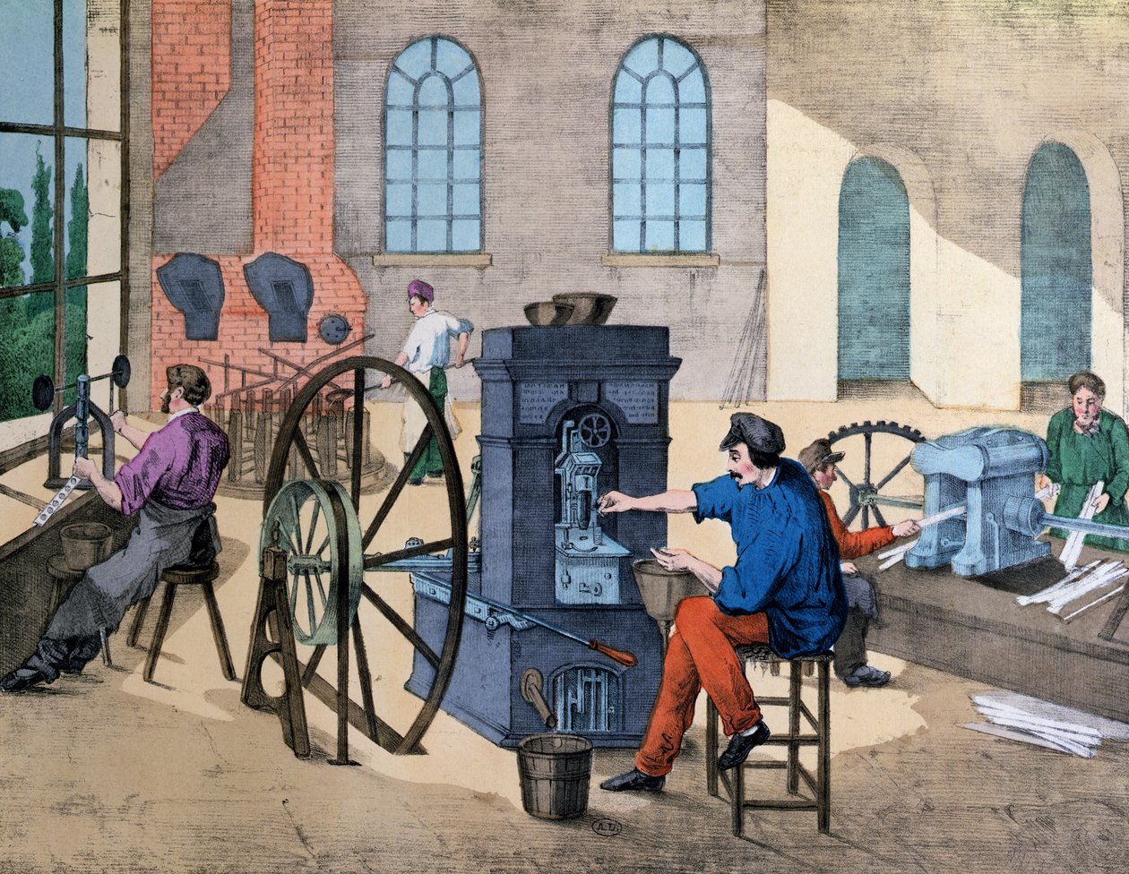 عامل يضرب المال في Monnaie de Paris ، اللوحة 9 من كتاب تعليمي عن الصناعات والوظائف ، تم نشره عام 1860 بواسطة جانسون