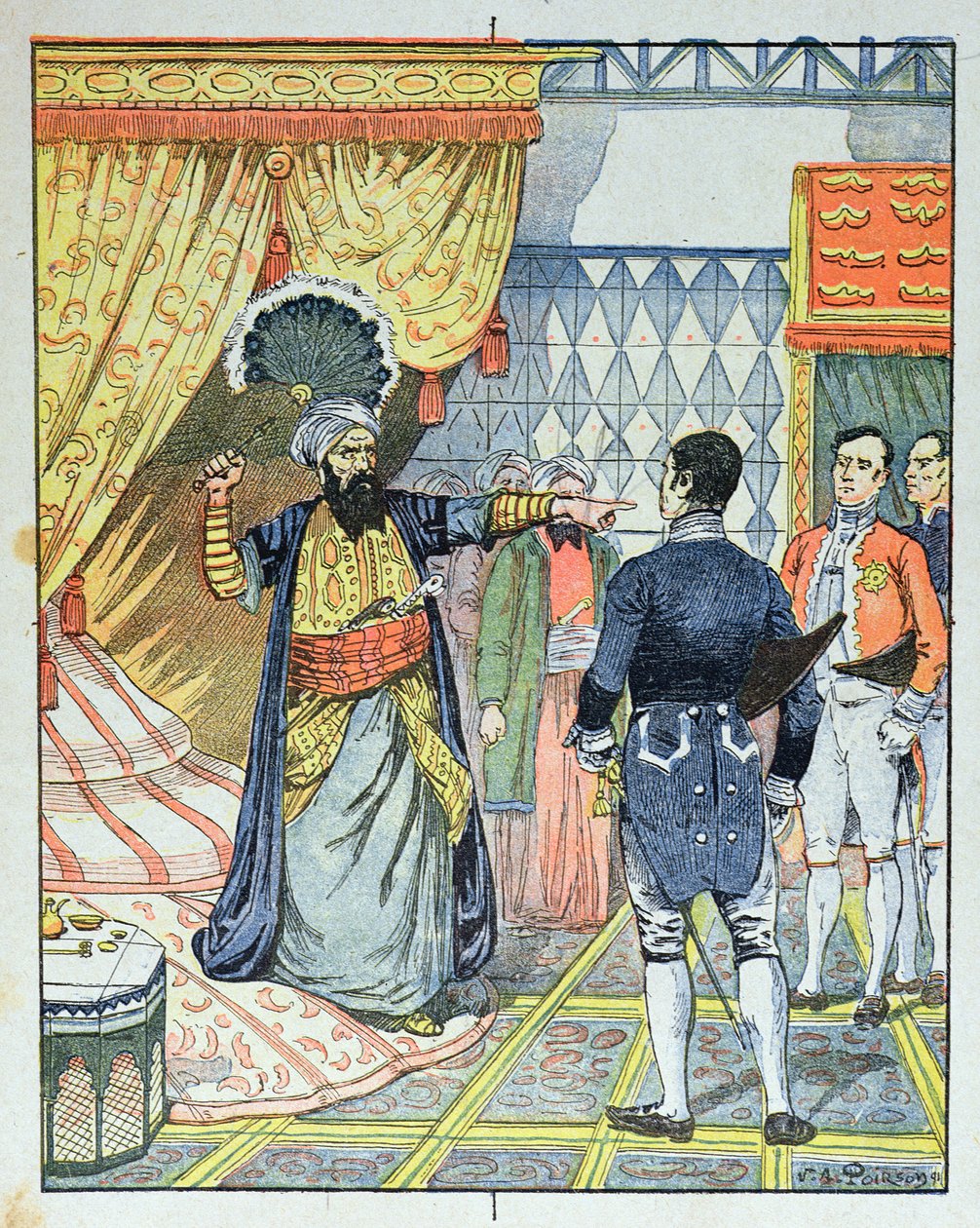 داي الجزائر ، حسين بن الحسين يضرب السفير الفرنسي م. ديفال بمروحة ، 27 أبريل 1827 ، غلاف كتاب مدرسي ، 1891 بواسطة فيكتور أرمان بوارسون