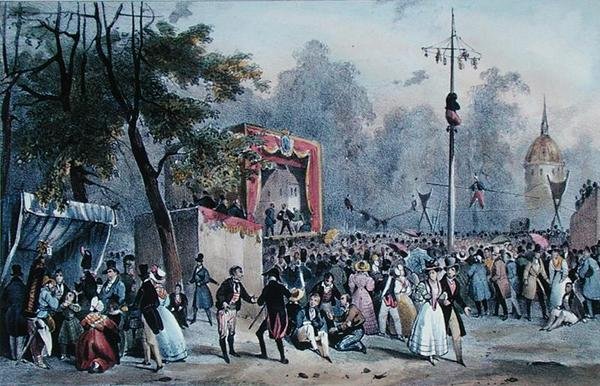 `` Fete de Roi '' في الشانزليزيه ، باريس ، نقشها لوميرسيه ، حوالي 1820 (طباعة حجرية ملونة) بواسطة خامسا (بعد) آدم