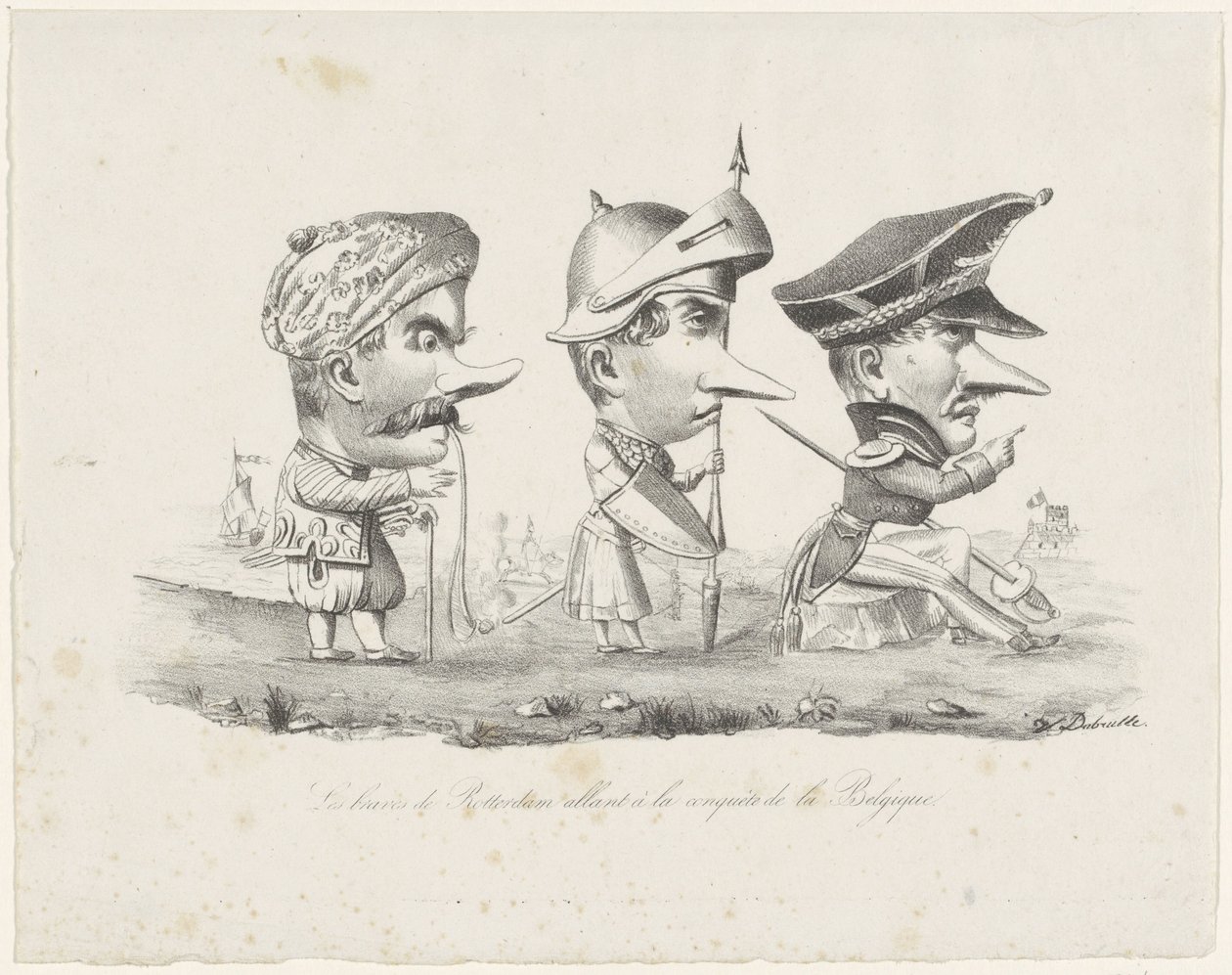 رسم كاريكاتوري لميليشيا روتردام 1830 Les braves de Rotterdam allant à la conquête de la Belgique (العنوان على الكائن) بواسطة خامسا دوبريل