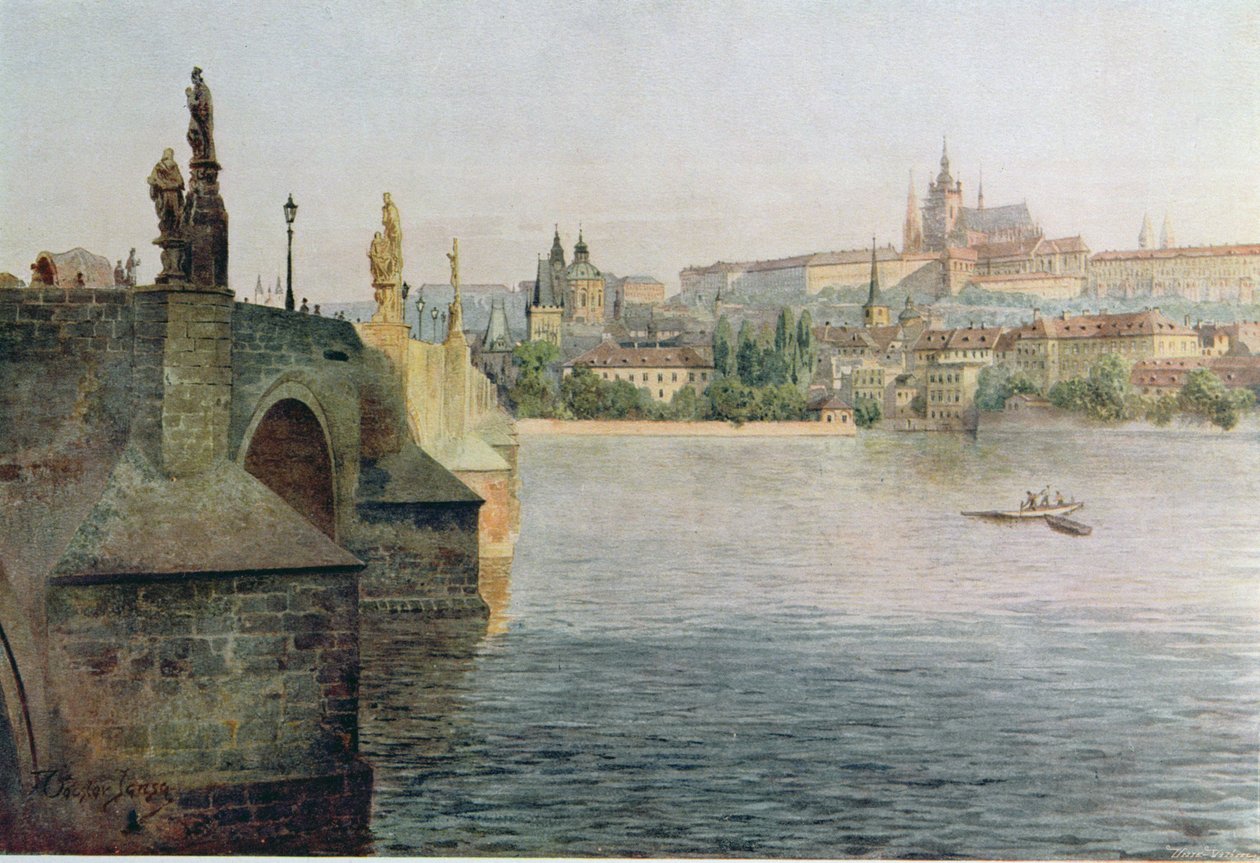 منظر لجسر تشارلز من Krizovnicka Namesti ، من "ستارا براها" (براغ القديمة) c.1900 بواسطة فاتسلاف جانسا