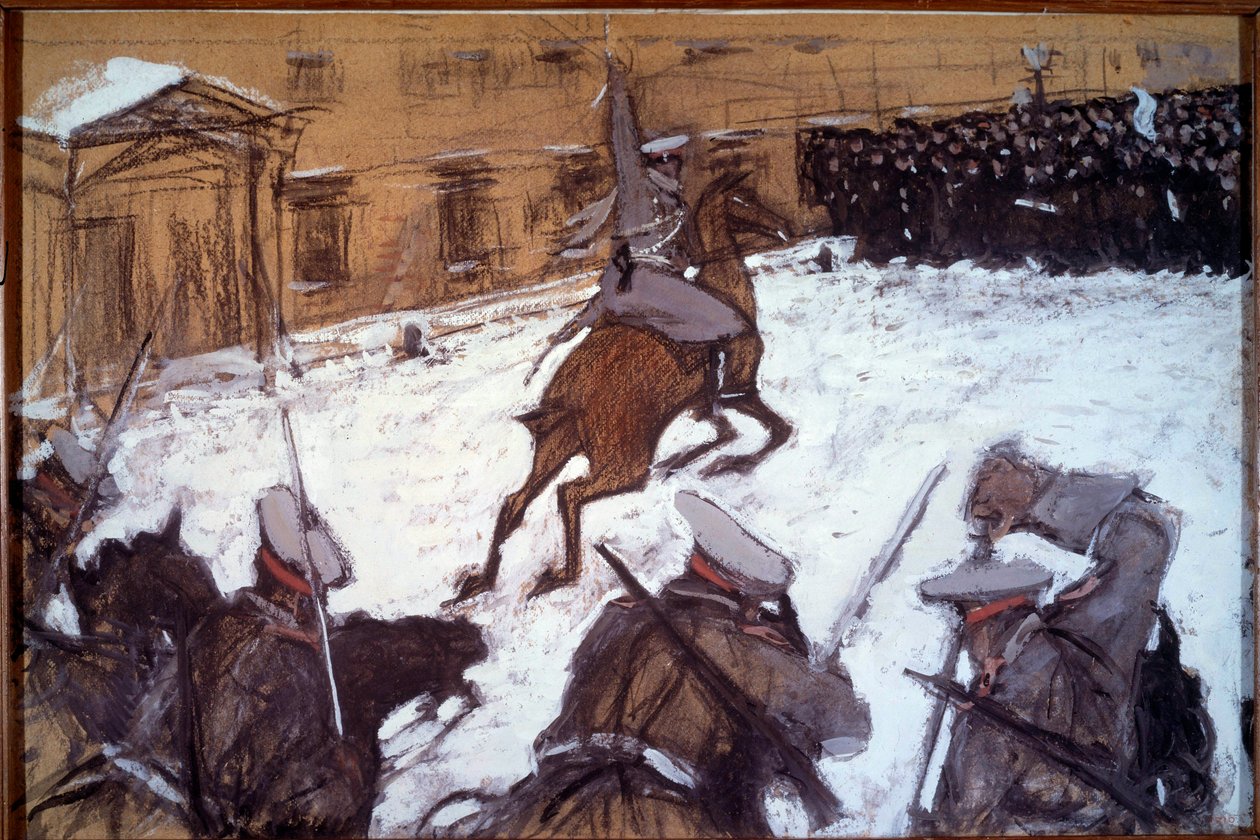 Red Sunday (Bloody Sunday) in St. Petersburg: “” Military repression during the 1905 demonstrations in St. Petersburg””” the cavalry of Tsar Nicholas II charges against the grevists who came peacefully to protest in front of the Winter Palace on 22/01/1905 بواسطة فالنتين ألكسندروفيتش سيروف
