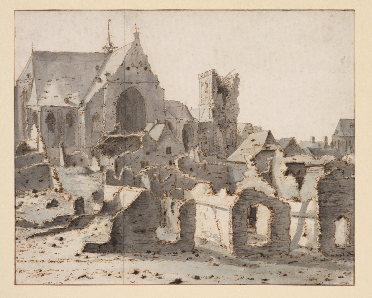منظر للقبر على نهر ماس بعد الحصار، 2 مارس 1675 (جرافيت، قلم وحبر بني، طلاء رمادي-أزرق على ورق) بواسطة فالنتين كلوتز