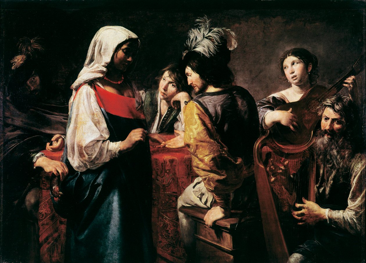 La Teller de bonne aventure Painting by Jean Valentin de Boulogne (1594-1632) Dim. 125 x 175 cm Paris, Musee du Louvre بواسطة فالنتين دي بولوني