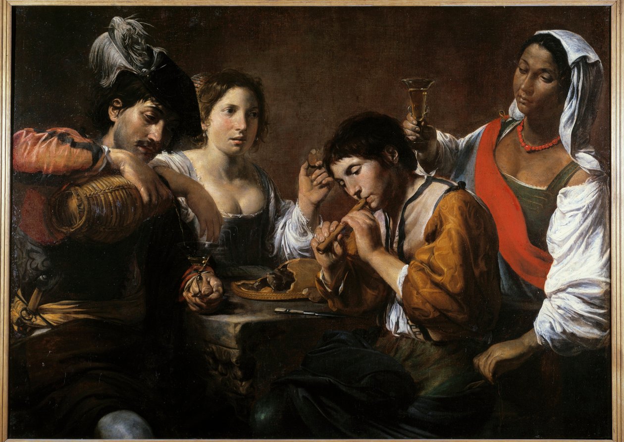 لقاء في ملهى ليلي رسمه فالنتين دي بولوني (1591-1632) شمس القرن السابع عشر. 0،96x1،33 م بواسطة فالنتين دي بولوني