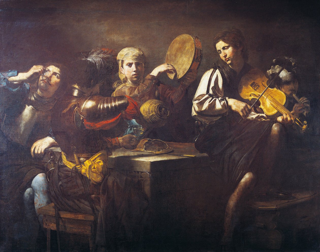 Musicians and soldiers, circa 1626, by Valentin de Boulogne (1591-1632), oil on canvas بواسطة فالنتين دي بولوني