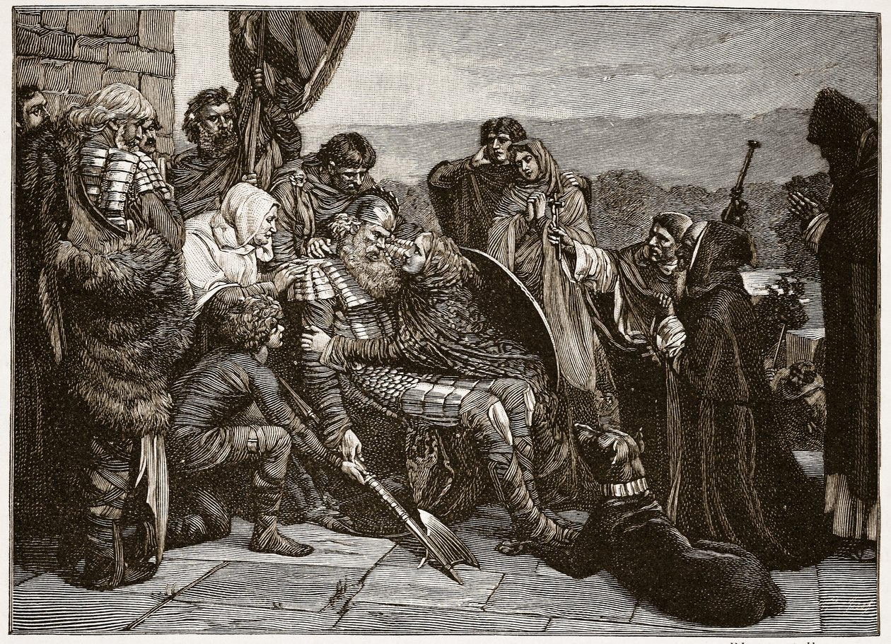 وفاة Siward ، رسم توضيحي من "كنيسة إنجلترا: تاريخ للشعب" بقلم HDM Spence-Jones ، حانة. ج .1910 (صورة بني داكن) بواسطة الأميرة فالنتين كاميرون