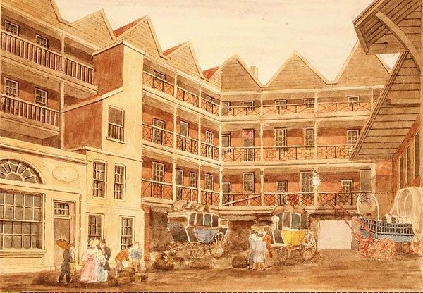 Bull and Mouth Inn Yard ، ج .1806 بواسطة عيد الحب ديفيس