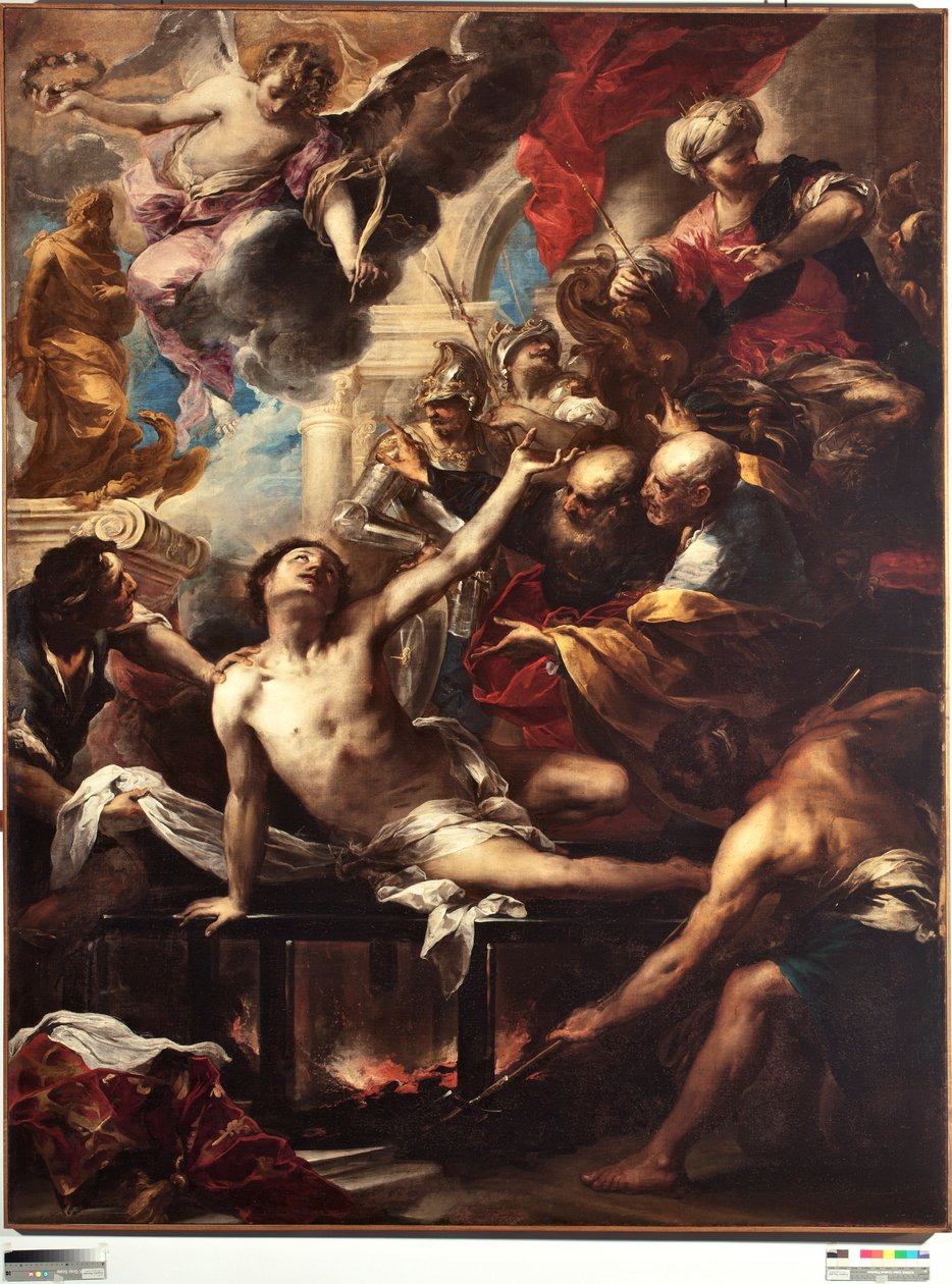 استشهاد سانت لورانس على الشبكة لوحة رسمها فاليريو كاستيلو (1624-1659) قاتمة 236 × 182 سم الجينات ، Musei di Strada Nuova (سابقًا Palazzo Bianco) بواسطة فاليريو كاستيلو