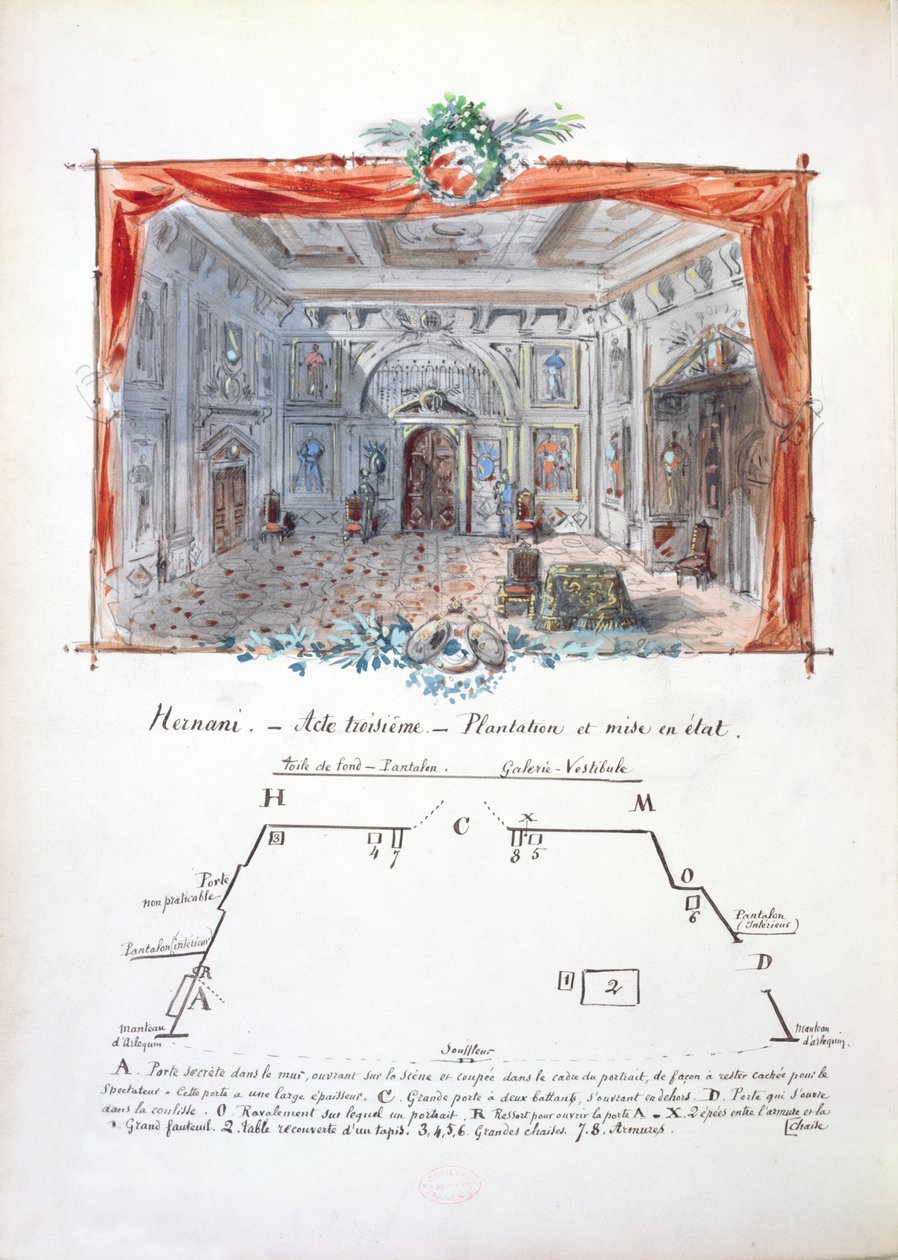تعيين اتجاهات التصميم والمرحلة لإنتاج عام 1877 لـ Hernani بواسطة Victor Hugo (1802-85) ، 1879 (الحبر والغواش) بواسطة فالناي بير وآخرون