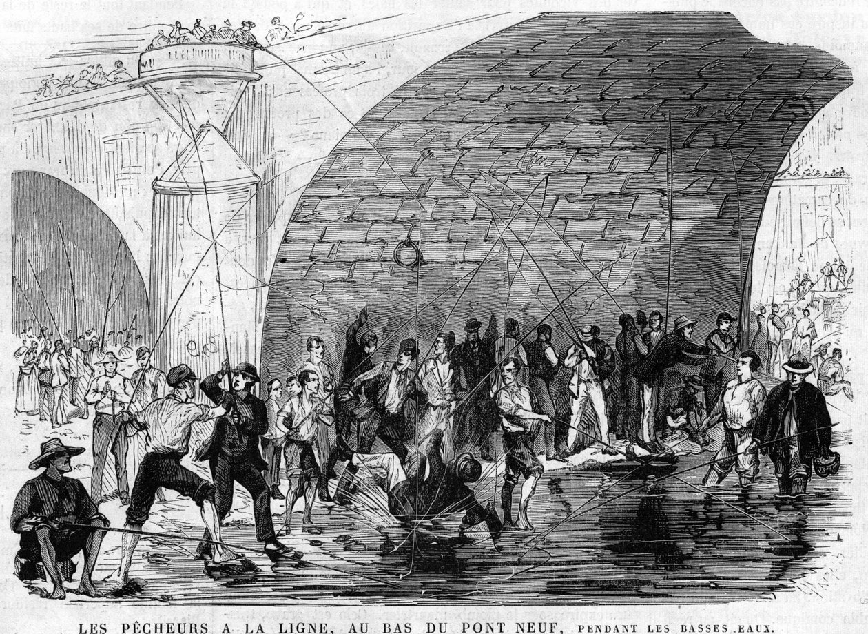 الصياد لديه خط في الجزء السفلي من الجسر تسعة في باريس عام 1868 أثناء انخفاض المياه. رسم ديسروش - فالناي. بواسطة فالناي بير وآخرون