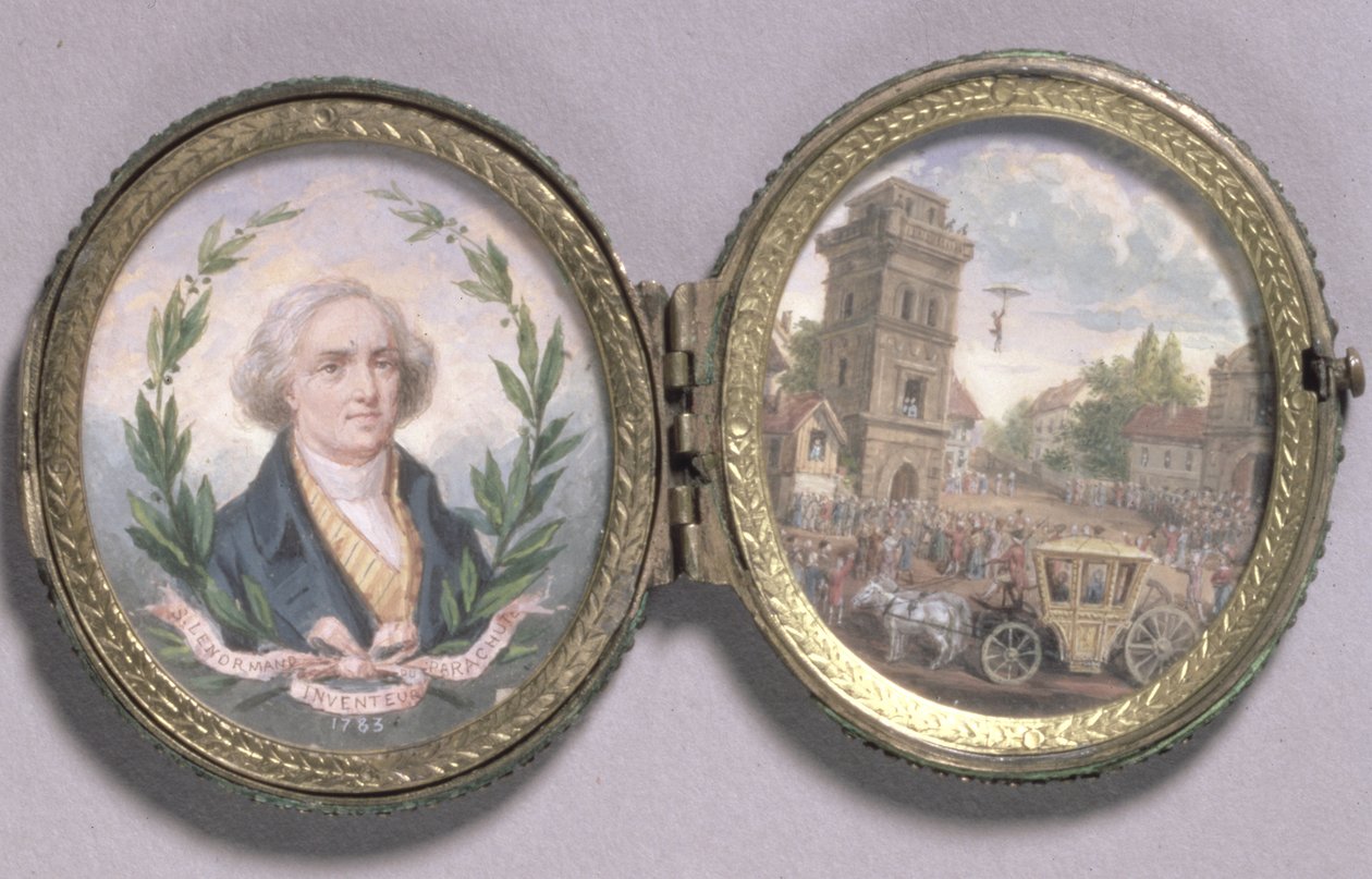 صورة مصغرة لويز سيباستيان لينورماند مع مشهد لهبوط المظلة ، 1783 (الغواش على الرق) بواسطة فان بلارينبرج