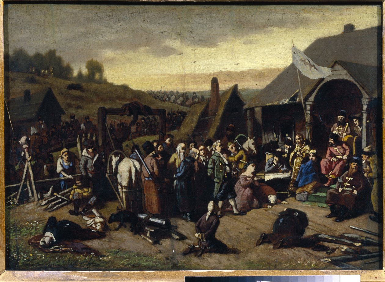 حكم إميليان إيفانوفيتش بوجاتشيف (إيميليان أو إميليان بوغاتشوف) (1742-1775) (حكم بوجاتشيف). بعد قمع حرب الفلاحين الروس (1773-1775) (جاكسون من اليايك القوزاق). لوحة لفاسيلي (فاسيلي) غريغوريفي بواسطة فاسيلي جريجوريفيتش بيروف