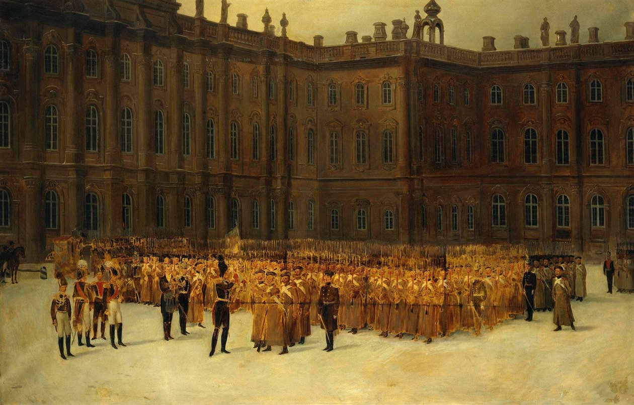 تمرد decembriste ou Insurrection decabriste (1825) - نيكولاس الأول قبل تشكيل وحدة كتيبة المهندسين الميدانية لحرس الحياة في محكمة القصر الشتوي في 14 Decembe par Maxutov ، فاسيلي نيكولايفيتش (1826-1886). زيت على قماش ، الحجم بواسطة فاسيلي نيكولايفيتش ماكسوتوف