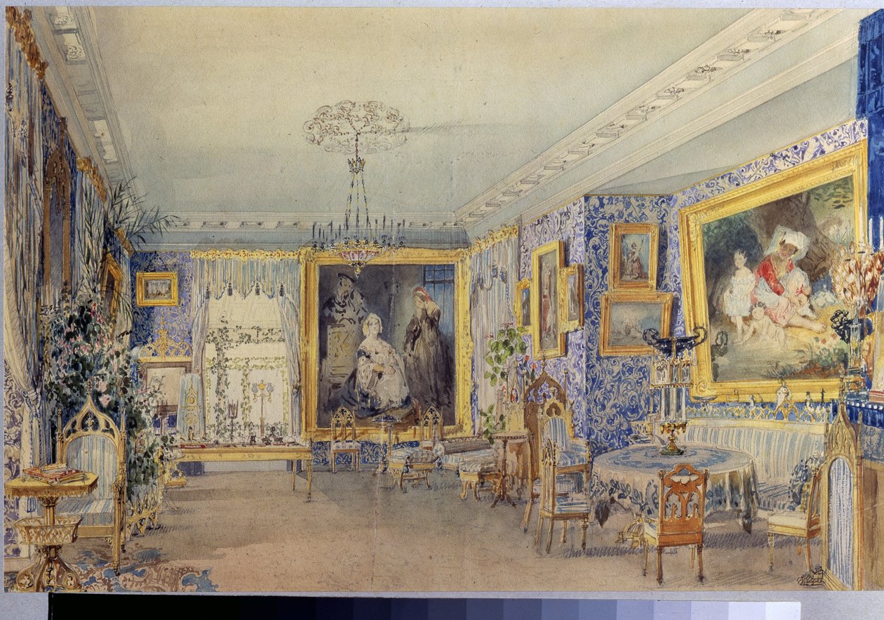 غرفة المعيشة في Manor House Verki. عمل فاسيلي سيميونوفيتش سادوفنيكوف (1800-1879) ، لوحة مائية على ورق بواسطة فاسيلي سيمينوفيتش سادوفنيكوف