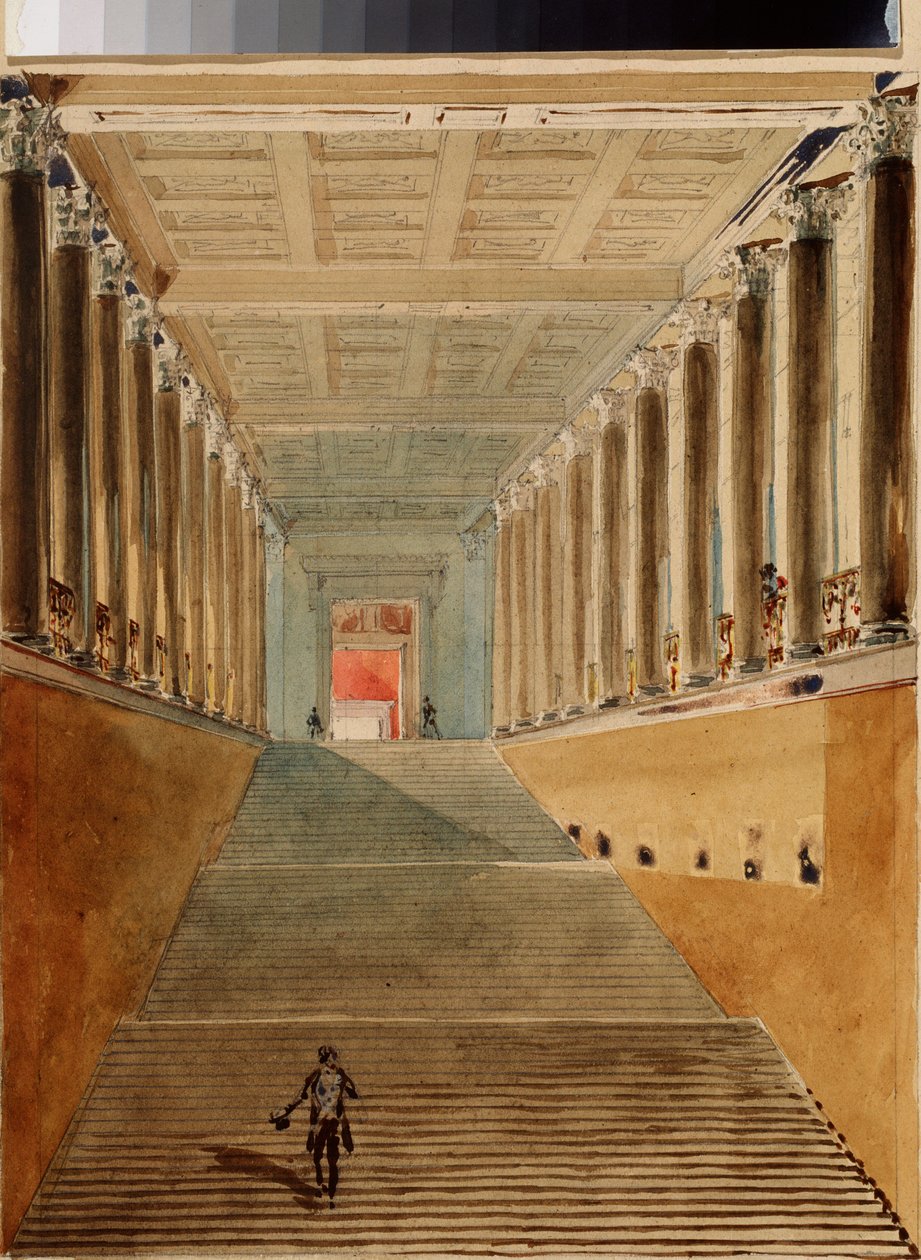 Grand Staircase (أو Ambassador Staircase أو Jordan Staircase) لقصر الشتاء في سانت بطرسبرغ. أعمال لفاسيلي سيميونوفيتش سادوفنيكوف (1800-1879) ، لوحة مائية على ورق ، حوالي 1840. الفن الروسي في القرن التاسع عشر. State A. متحف بوشكين للفنون الجميلة ، موس بواسطة فاسيلي سيمينوفيتش سادوفنيكوف