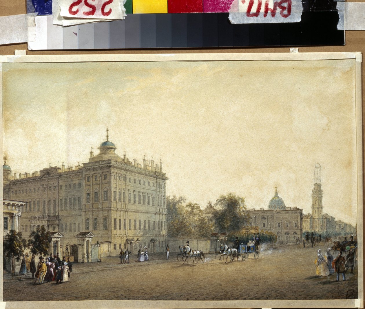 القديس بطرسبرج. قصر أنيشكوف. (سانت بطرسبرغ. قصر أنيشكوف). عمل فاسيلي سيميونوفيتش سادوفنيكوف (1800-1879) ، لوحة مائية على ورق ، حوالي 1830. الفن الروسي بواسطة فاسيلي سيمينوفيتش سادوفنيكوف
